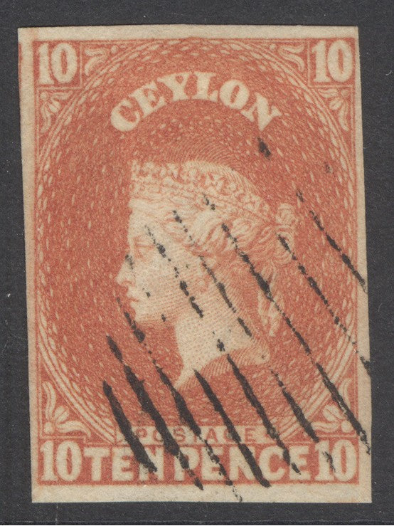 SG 9 Ceylon 1857-59. 10d dull vermilion. Very fine used. 4 good/large margins CAT £425