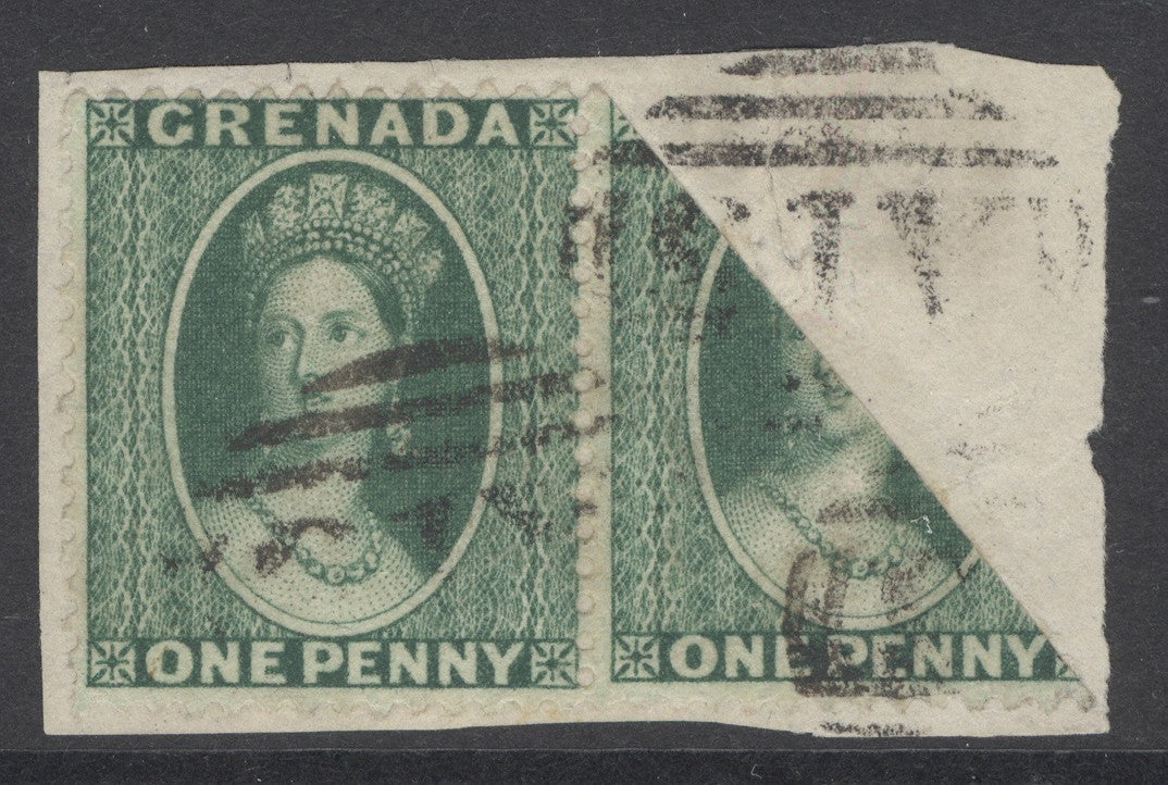 SG 14a Grenada 1875. 1d green pair, one being bisected. Very fine used on small piece (CAT £900 om cover).