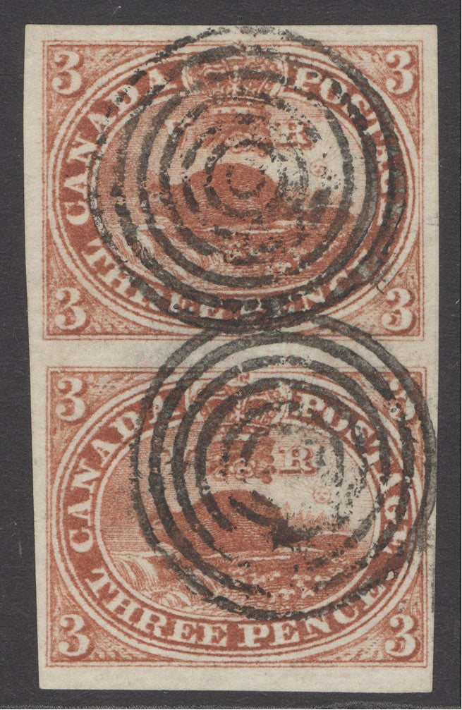 SG 8 Colony of Canada 1852-57. 3d brown-red vertical pair. Superb used. 4 good/large margins CAT £550