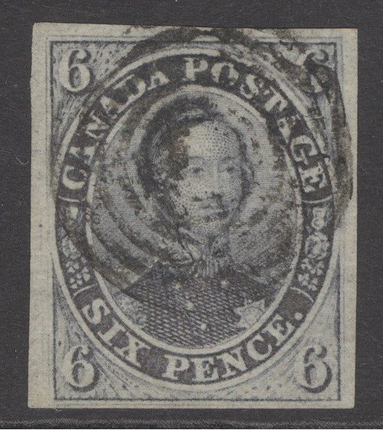 SG 9 Colony of Canada 1852-57. 6d slate-violet. Very fine used with 4 good/large margins CAT £1200