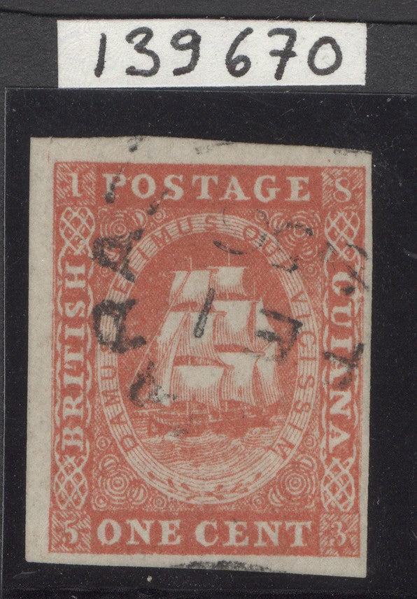SG 11 British Guiana 1853-59. 1c vermilion imperf, original printing. Very fine used with Demerara CDS. 4 fine-large margins CAT £1700. RPS & BPA certs