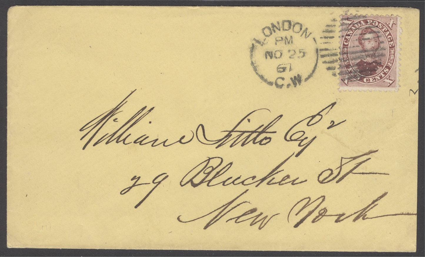 SG 38 Colony of Canada 1859. 10c bright red-purple used on envelope to New York, 27th November 1867. Fine, clean condition