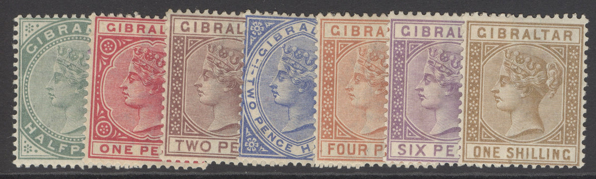SG 8-14 Gibraltar 1886-87. ½d-1/- set of 7. Fresh lightly mounted mint examples CAT £600