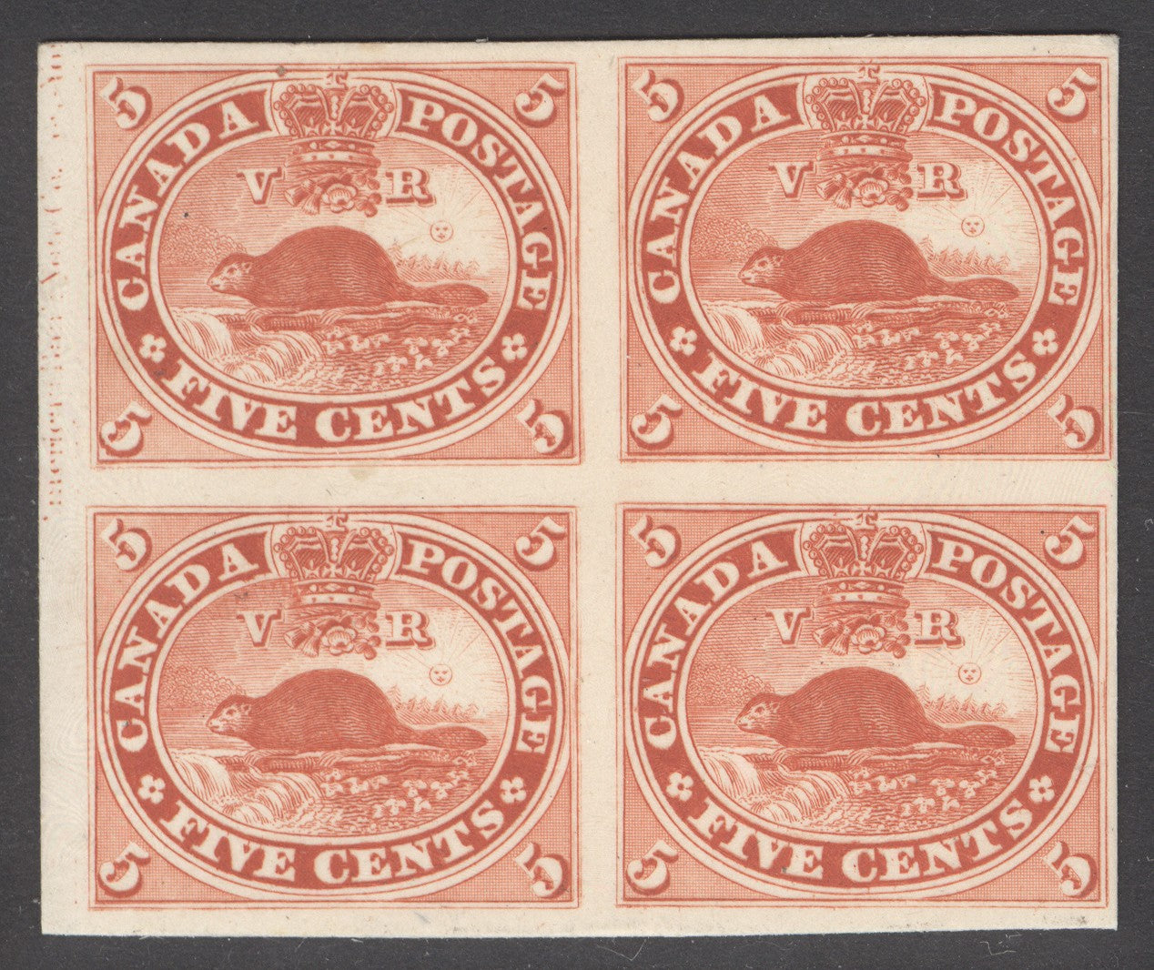 Colony of Canada 1859. 5c early proof block of 4 with part inscription on thick card. Full margins
