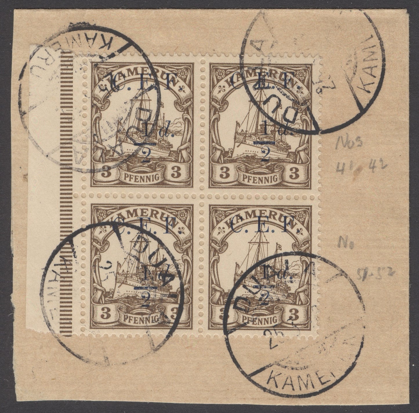 SG B1 Cameroon 1915. ½d on 3pf brown block of 4. Very fine used on piece with Kamerun CDS’s CAT £220