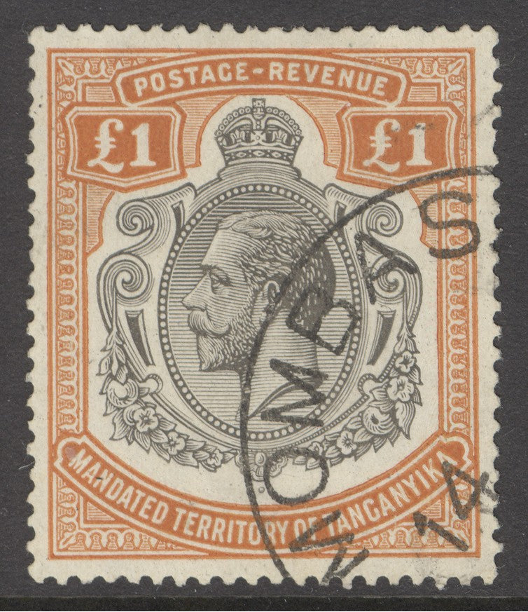 SG 107 Tanganyika 1927-31. £1 brown-orange. Very fine used with a Mombasa CDS CAT £550