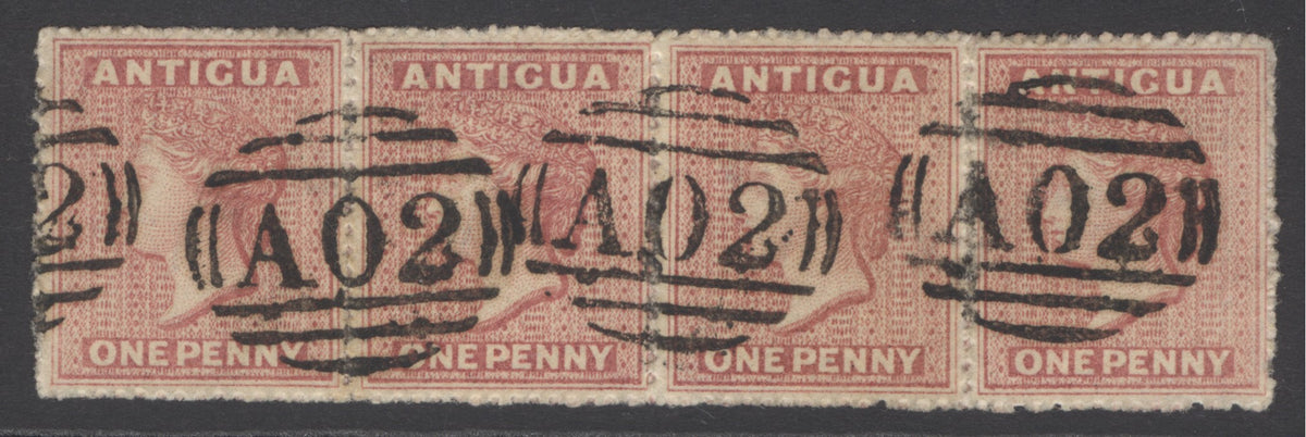 SG 6 Antigua 1863-67. 1d dull ropse. Very fine used strip of 4 with ‘A02’ St Johns obliterators CAT £220