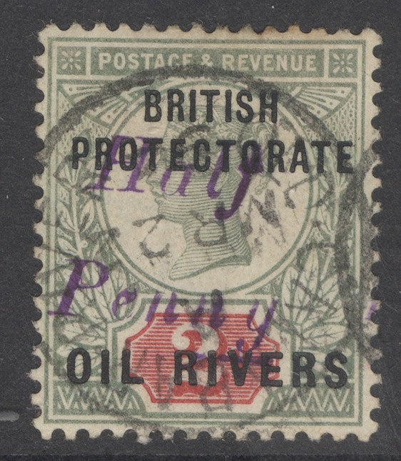 SG 20 Niger Coast protectorate 1893. ½d on 2d handstamped type 7 in violet. Very fine used with an old Calabar River CDS, March 2nd 1894