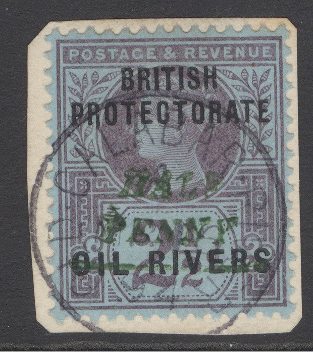 SG 35 Niger Coast 1893. ½d on 2½d surcharge type 10 in green. Very fine used on small piece with old Calabar River CDS...