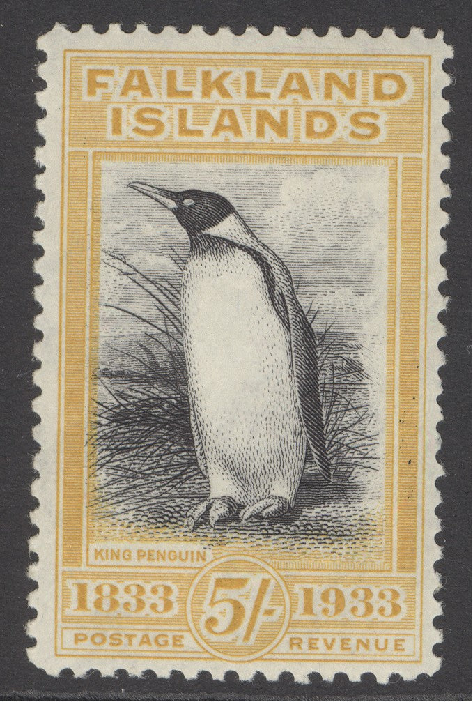 SG 136 Falklands 1933. 5/- black & yellow. Very lightly mounted mint. A fine example CAT £1000