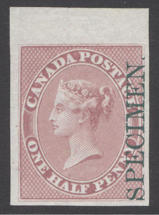 (SG 17) Colony of Canada 1857. ½d deep rose imperf overprinted specimen vertically in green. 4 fine/huge margins