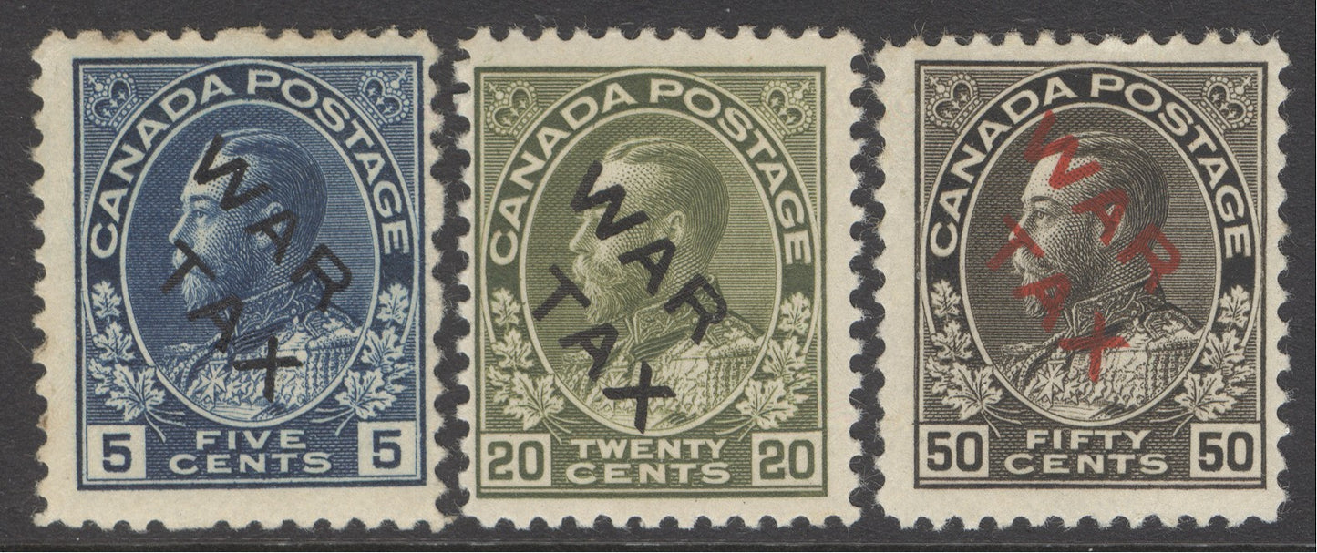 SG 225-227 Canada 1915 War Tax 5c, 20c & 50c set of 3. Fine mounted mint CAT £450