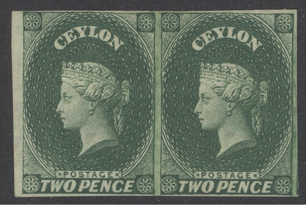 SG 3 Ceylon 1857-59. 2d green, watermark star imperf pair with clear to large margins. Fine fresh mounted mint examples CAT £500