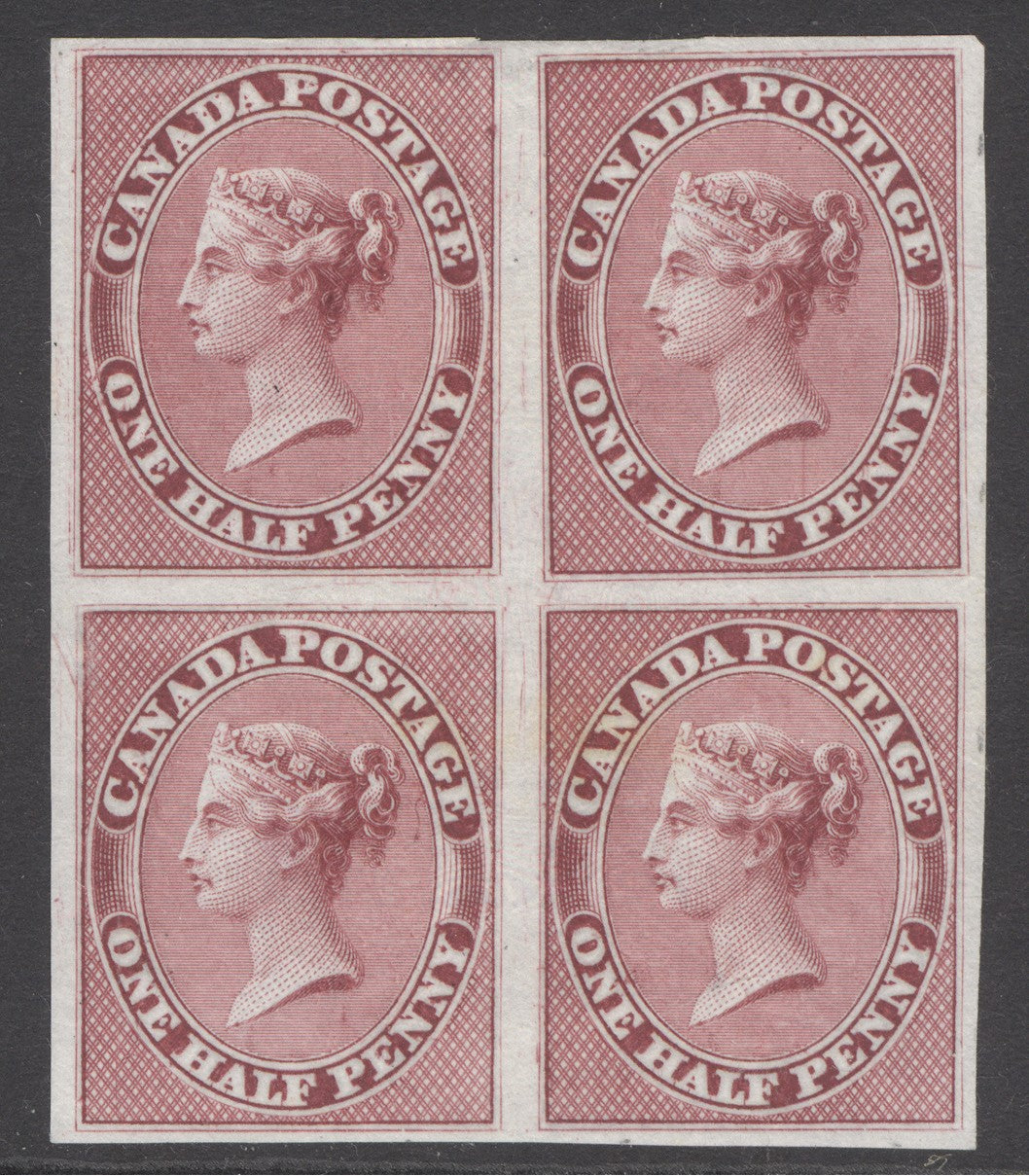 (SG 17) Colony of Canada 1857 plate proof imperf block of 4 on India paper. An exceptionally fresh example with full margins