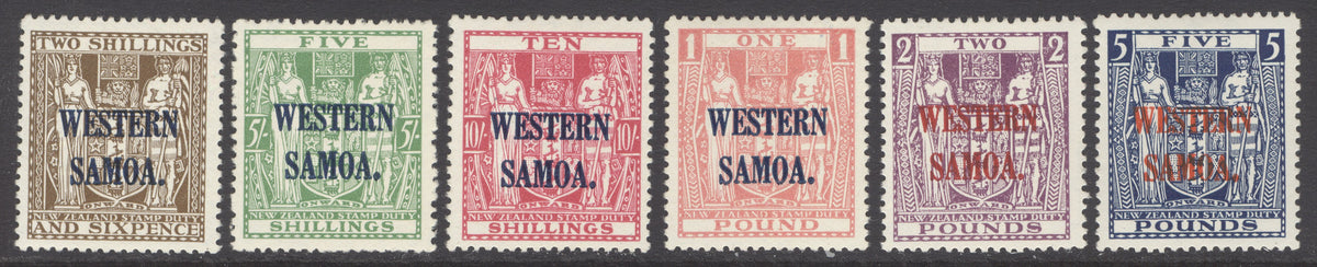 SG 189-194 Western Samoa 1935-42. ‘Arms’ set of 6, type 27, ovpt Cowan paper. 2/- to £5. Very fine unmounted mint examples...