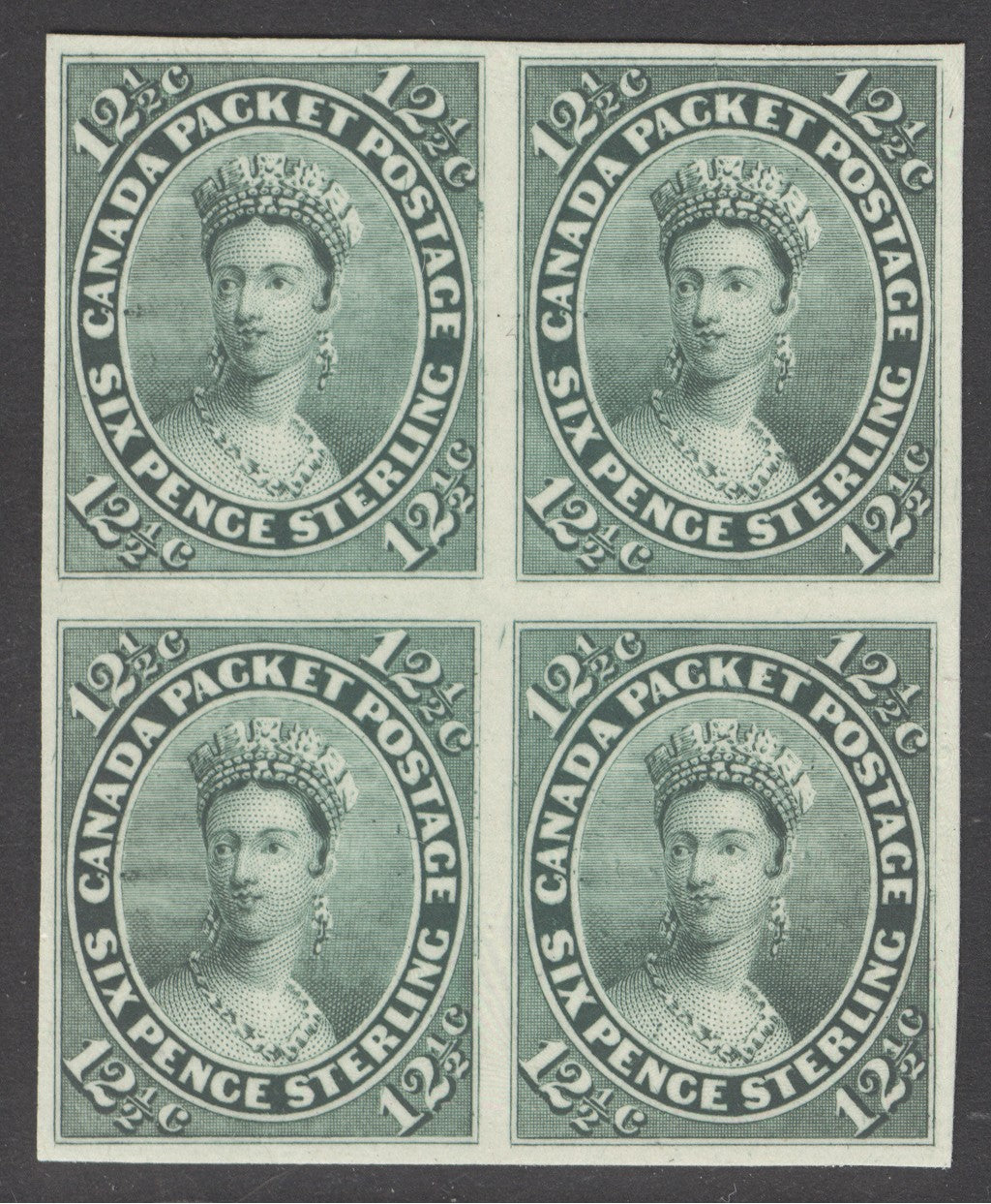Colony of Canada 1857. 12½c colour trial imperforate plate proof in green on India paper affixed to thin card. Very fresh, full margins