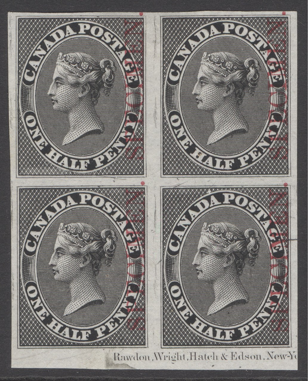 (SG 17) Colony of Canada 1857. ½d plate proof block of 4 in unissued grey-black shade, overprinted specimen vertically in red. Fine/large margins with inscription at base