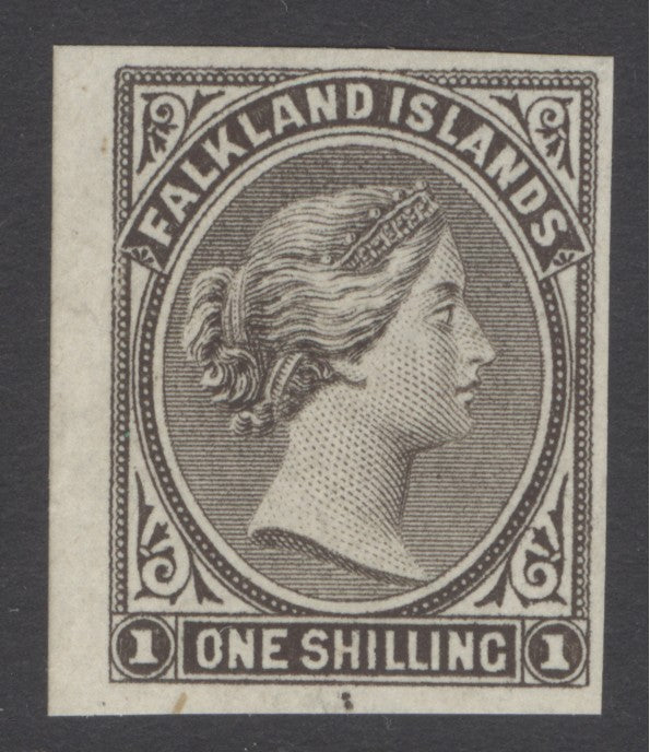 (SG 4) 1878. 1/- Falklands imperf colour trial in olive-black. 4 good to large margins, showing pair of unique lines at base