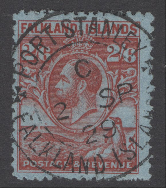 SG 123 Falklands 1929. 2/6 carmine/blue. Very fine used with a Port Stanley 2nd Sept 1929 CDS CAT £75