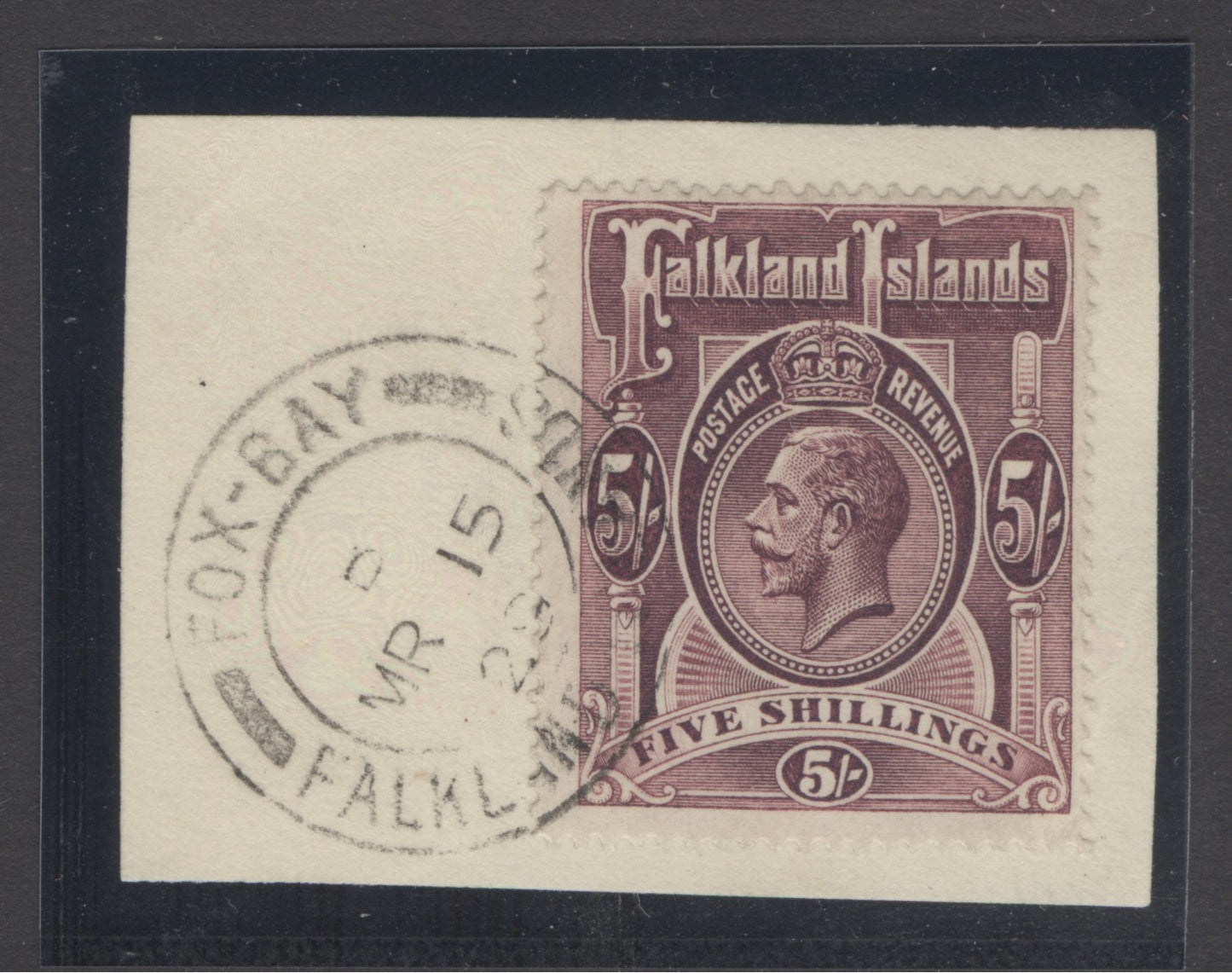SG 67b Falklands 5/- maroon on piece. Very fine used with a Fox-Bay, March 15th 1929 CDS CAT £170