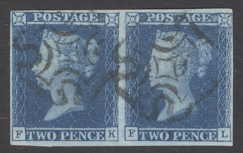 SG 14 1841 2d blue plate 3 pair lettered FK-FL. Very fine used with Maltese cross cancels. 4 fine margins CAT £550
