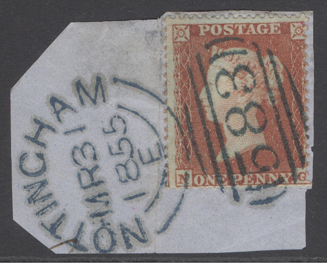 SG 17 1d red-brown. Very fine used on small piece cancelled with a blue ‘583’ numeral & part Nottingham CDS alongside, March 31st 1855