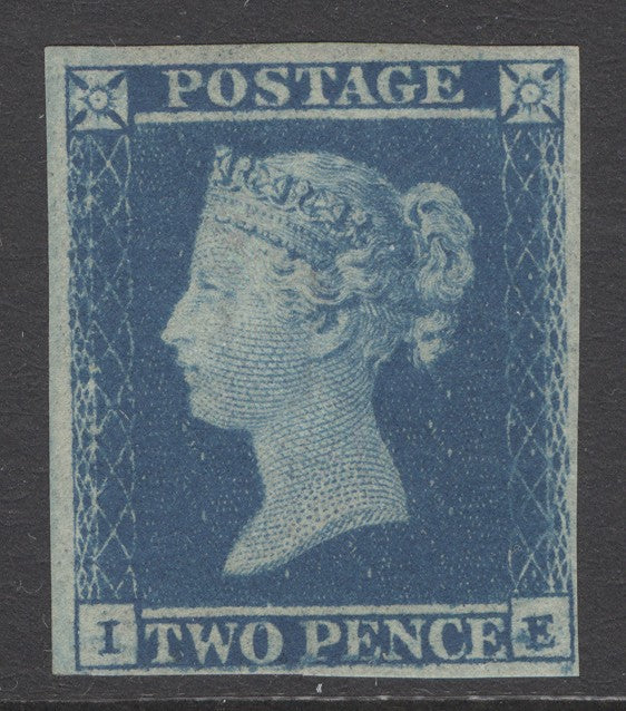 SG 14 1841 2d blue plate 4 lettered IE. A pristine unmounted mint example with full original gum. 4 close to large margins. Rarely seen in this quality CAT £3000