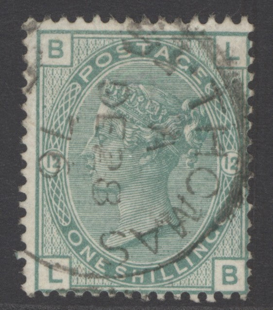 SG 150 1/- green plate 12 cancelled with a St Thomas CDS, 28th Dec 1876
