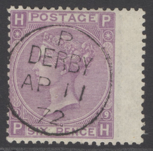 SG 109 6d mauve plate 9. Very fine used with a Derby, April 11th 1872 CDS