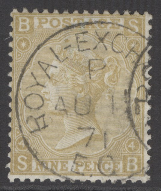 SG 110 9d straw. Very fine used with Royal exchange CDS’s, Aug 1871