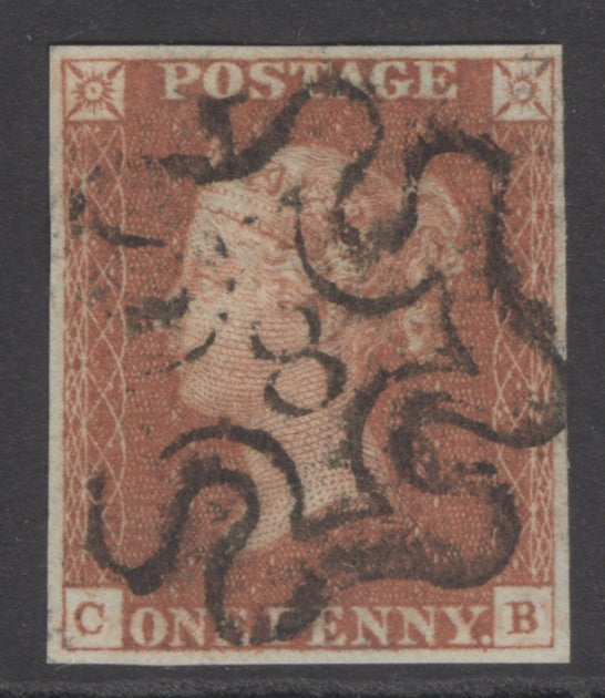 SG 8m 1d red-brown lettered CB. Very fine used with a crisply struck number ‘8’ in Maltese cross. 4 margins CAT £160