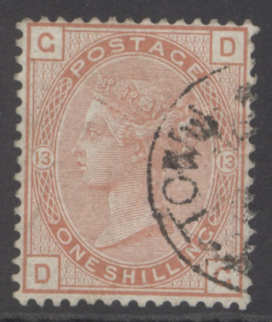 SG 151 1/- orange-brown plate 13. Very fine used with a part Greytown (Nicaragua) CDS, leaving Queens profile clear