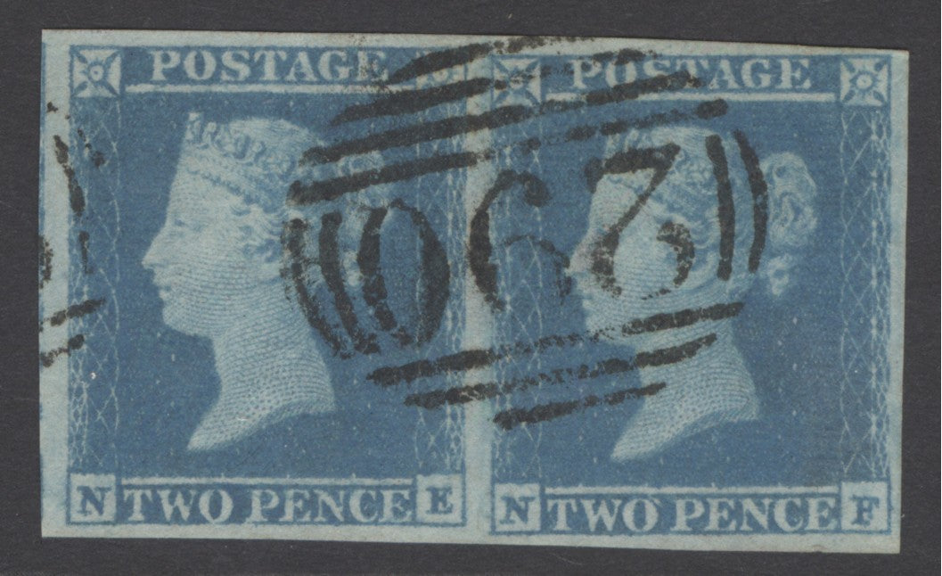 SG 14 1841 2d blue pair lettered NE-NF. Very fine used with a ‘290’ numeral (Falmouth). Full good to large margins