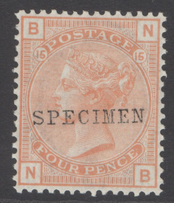SG 152 4d vermilion plate 15, overprinted specimen, type 9 lettered NB. Lightly mounted mint, well centred & good colour CAT £400