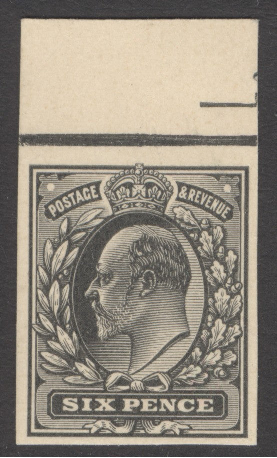 Edward VII 6d plate proof in black on thin white card. A fine example with full margins