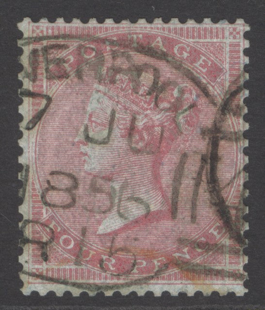 SG 62 4d carmine, watermark small garter on highly glazed, deeply blued paper. Fine used with a part Liverpool spoon cancel, 7th June 1856
