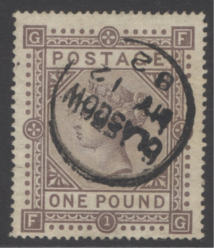SG 129 £1 brown-lilac. Very fine used with a Glasgow CDS, May 12th 1882. Good deep colour CAT £3500
