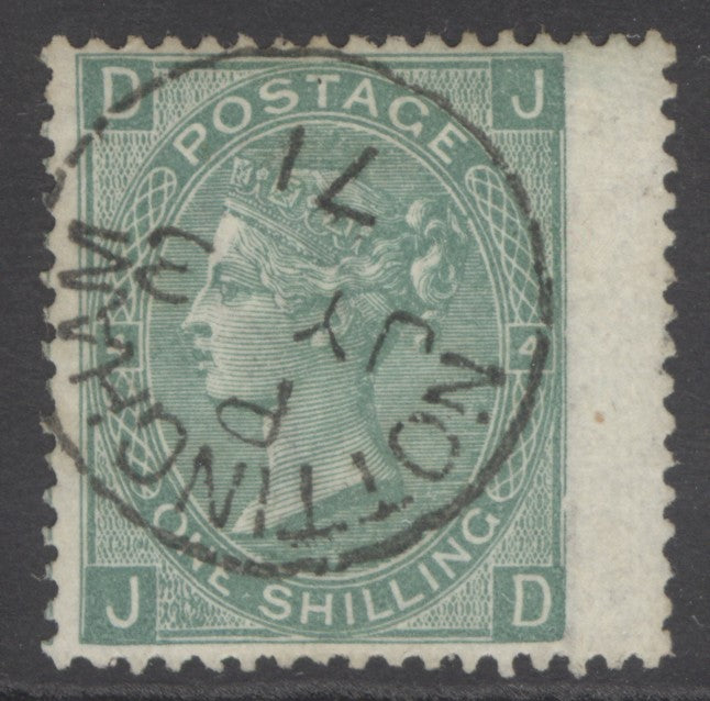 SG 117 1/- green plate 4. Very fine used with a Nottingham CDS, July 3rd 1871