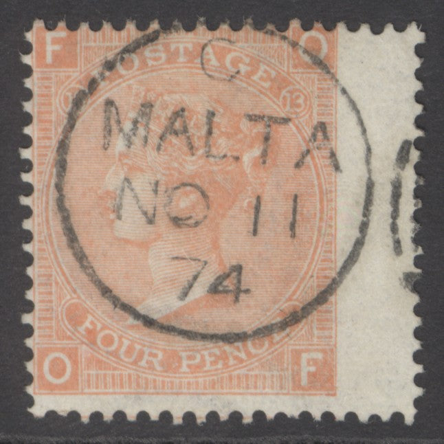SG 93 4d dull vermilion plate 13. Very fine used Malta CDS, Nov 11th 1874