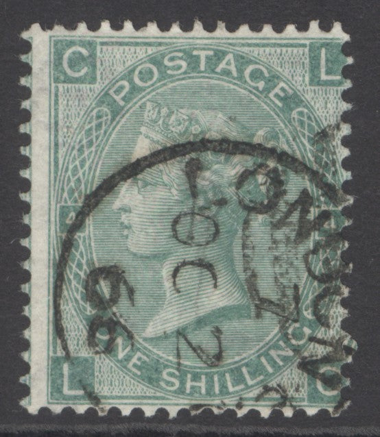 SG 101 1/- green, watermark emblems. Very fine used with a London CDS, Oct 2nd 1866 & part numeral