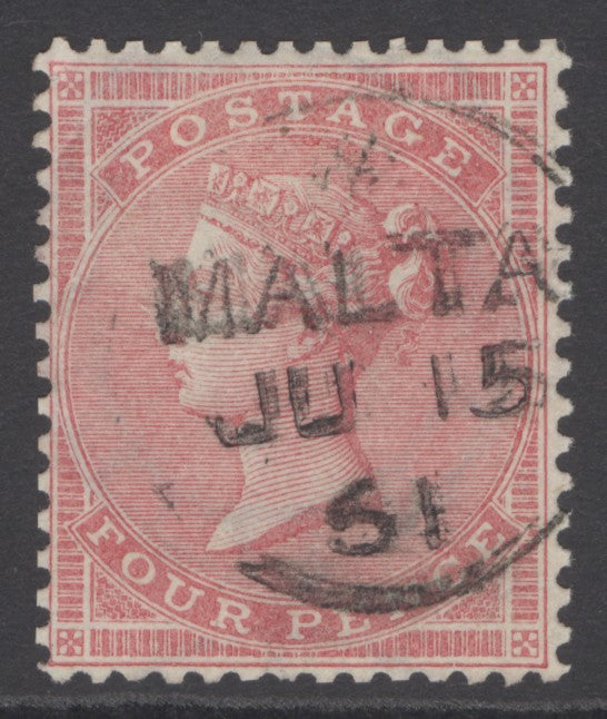 SG 66a 4d rose. Very fine used with a Malta CDS, June 15th 1861. Good deep colour & perfectly centred