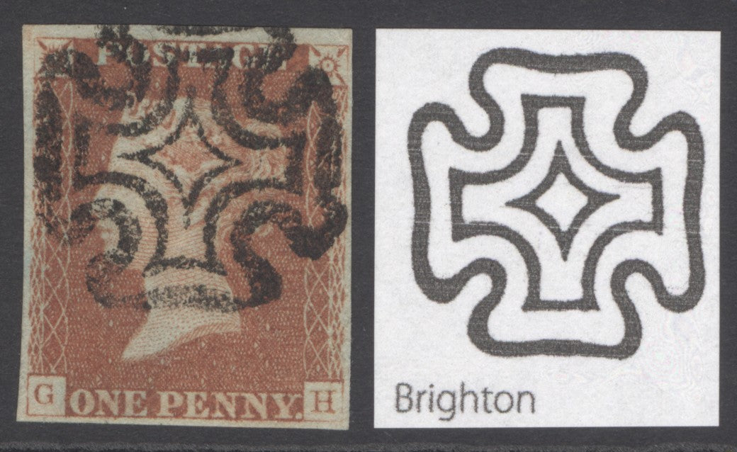 SG 8 1d red-brown lettered GH. Very fine used with a distinctive Brighton upright Maltese cross. 4 margins (spec B1td) CAT £375