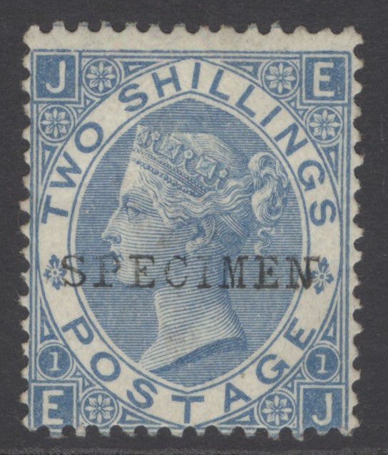 SG 118s 2/- dull blue, overprinted specimen. A fine fresh mounted mint example with good colour CAT £600