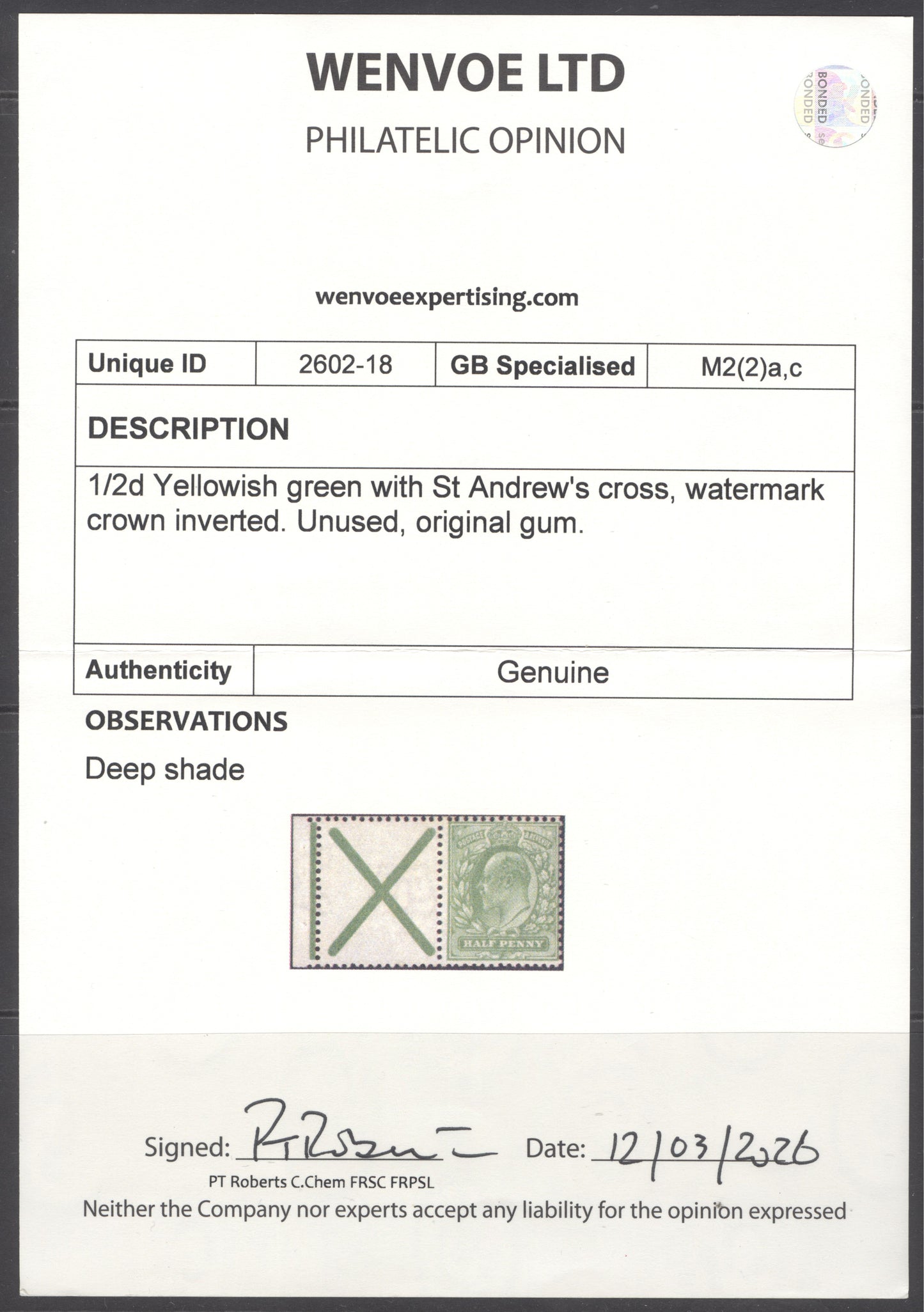 SG spec M2(2)ac ½d yellowish-green with St Andrews cross watermark crown inverted. Fine unmounted mint. Wenvoe cert
