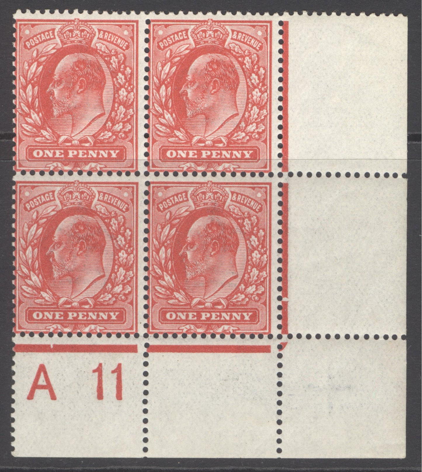SG 274 1d rose-carmine corner marginal block of 4 with control 'A11'. Fine unmounted mint Spec M6(5) CAT £300+