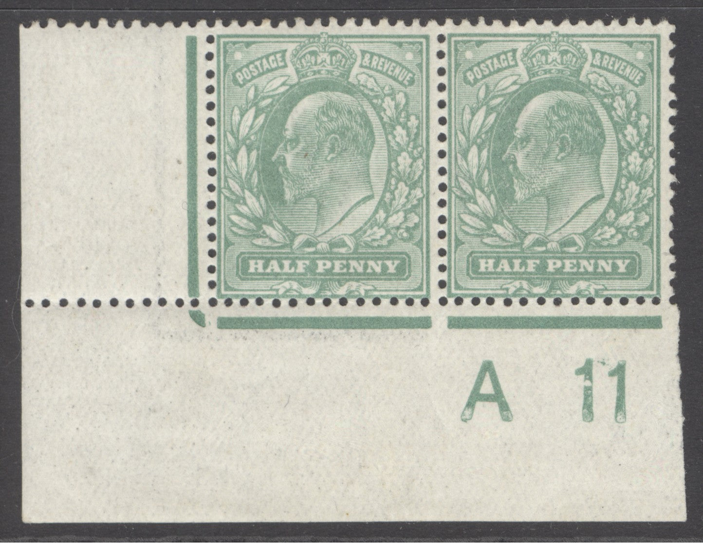 SG 270 ½d pale bluish-green corner marginal pair with 'A11' control. Lightly hinged in margin, stamp being fine unmounted mint