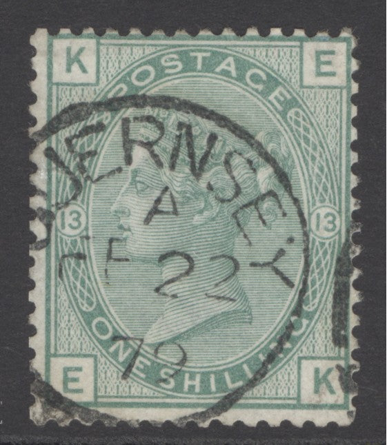 SG 150 1/- green plate 13. Very fine used lettered FK, neatly cancelled by a Guernsey CDS, Feb 22nd 1879
