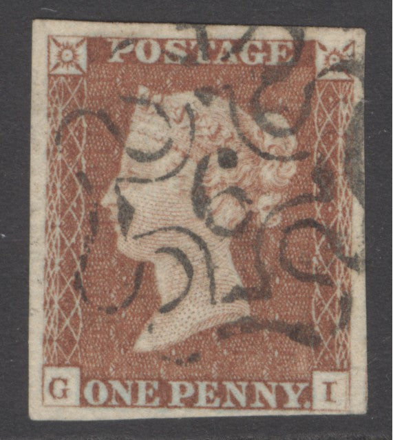 SG 8m 1d red-brown lettered GI. Very fine used with a number ‘6’ in Maltese cross. 4 close/fine margins CAT £160