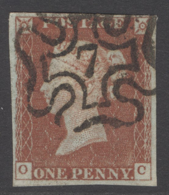 SG 8m 1d red-brown lettered OC. Very fine used with an upright number ‘7’ in Maltese cross. 4 fine margins CAT £160