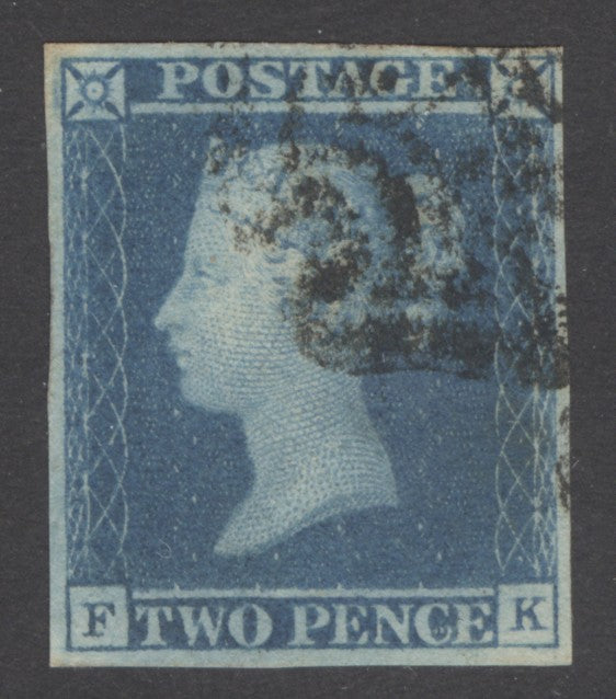 SG 14 1841 2d blue plate 3 lettered FK. Very fine used, neatly cancelled by a black Maltese cross, leaving a clear profile. 4 fine margins CAT £275